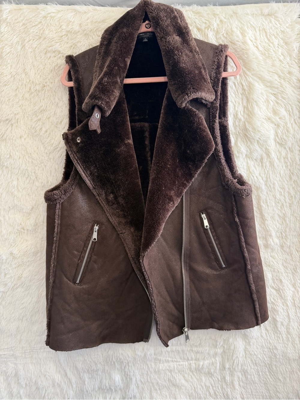 Romeo + Juliet Couture Womens Boho Indie Sleaze Faux Suede Aviator Vest L Brown